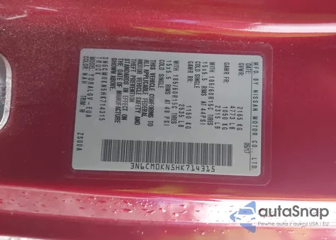 2017 Nissan Nv200 Sv z USA, uszkodzony, nr VIN 3N6CM0KN5HK714315